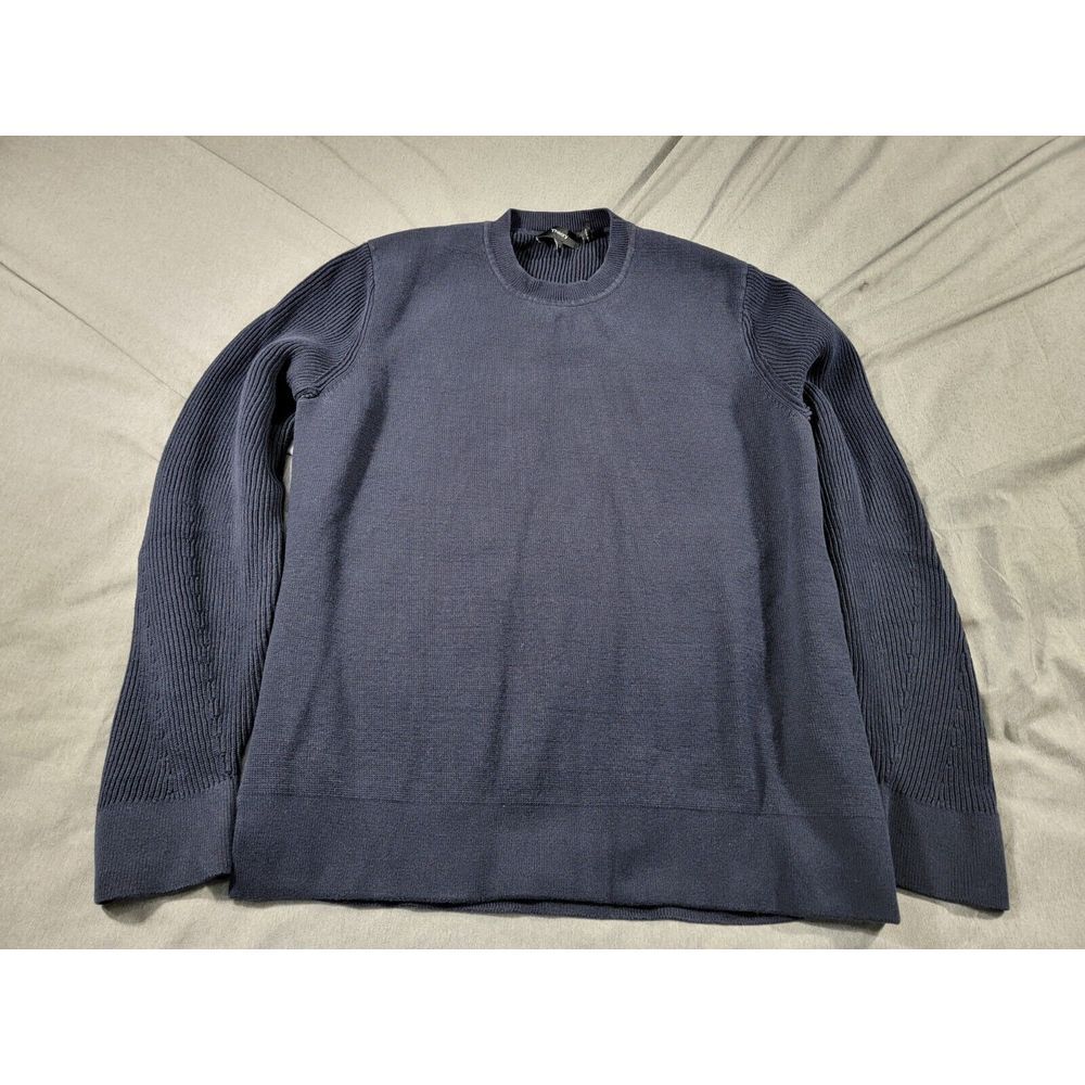 Theory Mens Blue Ribbed Cotton Crew Neck Long Sleeve Pullover Sweater Small